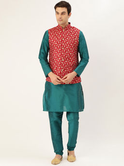 SOJANYA - Men Silk Blend Teal Green Kurta Pyjama & Red Nehru Jacket (Set of 3)