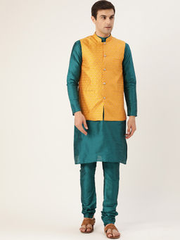SOJANYA - Men Silk Blend Teal Green Kurta Pyjama & Mustard Nehru Jacket (Set of 3)