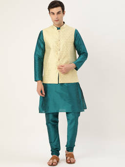 SOJANYA - Men Silk Blend Teal Green Kurta Pyjama & Lime Green Nehru Jacket (Set of 3)