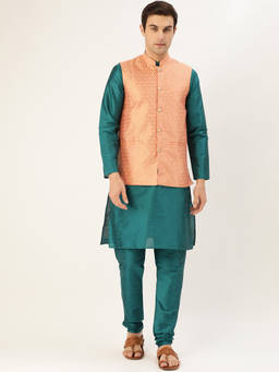 SOJANYA - Men Silk Blend Teal Green Kurta Pyjama & Peach Nehru Jacket (Set of 3)