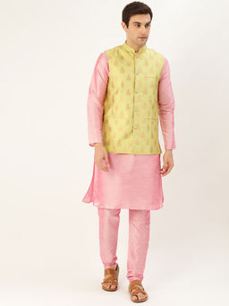 SOJANYA - Silk Blend Pink Kurta And Pyjama & Green Nehru Jacket (Set of 3)