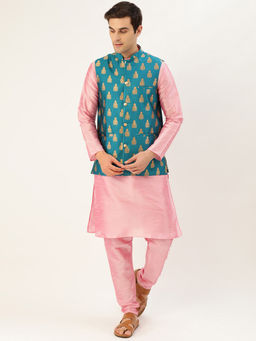 SOJANYA - Silk Blend Pink Kurta And Pyjama & Teal Blue Nehru Jacket (Set of 3)