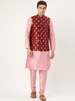 SOJANYA - Silk Blend Pink Kurta And Pyjama & Maroon Nehru Jacket (Set of 3)
