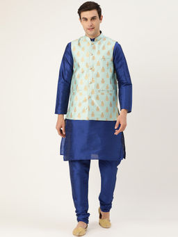 SOJANYA - Men Silk Blend Royal Blue Kurta Pyjama & Sea Green Nehru Jacket (Set of 3)