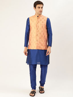 SOJANYA - Men Silk Blend Royal Blue Kurta Pyjama & Peach Nehru Jacket (Set of 3)