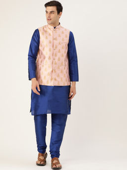 SOJANYA - Men Silk Blend Royal Blue Kurta Pyjama & Pink Nehru Jacket (Set of 3)