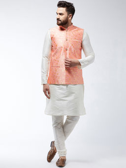 SOJANYA - Men Silk Blend Off White Kurta Pyjama & Peach Nehru Jacket (Set of 3)