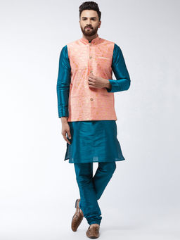 SOJANYA - Men Silk Blend Tealgreen Kurta Pyjama & Peach Nehru Jacket (Set of 3)