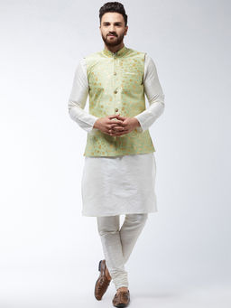 SOJANYA - Men Silk Blend Off White Kurta Pyjama & Green Nehru Jacket (Set of 3)