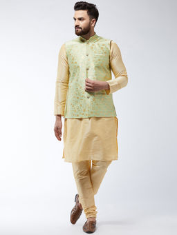 SOJANYA - Men Silk Blend Gold Kurta Pyjama & Green Nehru Jacket (Set of 3)