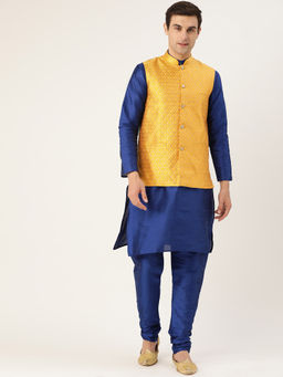 SOJANYA - Men Silk Blend Royal Blue Kurta Pyjama & Mustard Nehru Jacket (Set of 3)