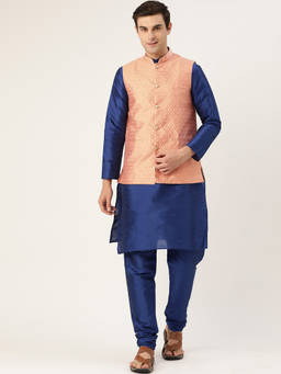 SOJANYA - Men Silk Blend Royal Blue Kurta Pyjama & Peach Nehru Jacket (Set of 3)