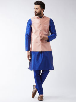 SOJANYA - Men Silk Blend Royal Blue Kurta Pyjama & Peach Nehru Jacket (Set of 3)