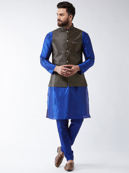 SOJANYA - Men Silk Blend Royal Blue Kurta Pyjama & Black Nehru Jacket (Set of 3)