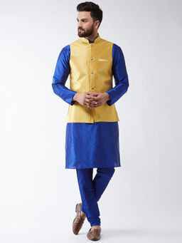 SOJANYA - Men Silk Blend Royal Blue Kurta Pyjama & Yellow Nehru Jacket (Set of 3)