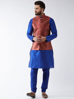 SOJANYA - Men Silk Blend Royal Blue Kurta Pyjama & Maroon Nehru Jacket (Set of 3)