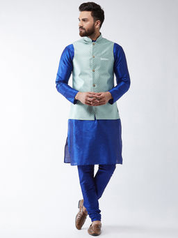SOJANYA - Men Silk Blend Royal Blue Kurta Pyjama & Seagreen Nehru Jacket (Set of 3)