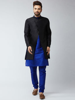 SOJANYA - Men Silk Blend Royal Blue Kurta With Churidaar Pyjama & Sherwani Jacket (Set of 3)