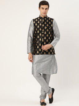 SOJANYA - Silk Blend Grey Kurta And Pyjama & Black Nehru Jacket (Set of 3)