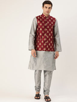 SOJANYA - Silk Blend Grey Kurta And Pyjama & Maroon Nehru Jacket (Set of 3)