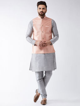 SOJANYA - Silk Blend Grey Kurta And Pyjama & Peach Nehru Jacket (Set of 3)