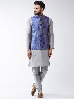 SOJANYA - Silk Blend Grey Kurta And Pyjama & Royal Blue Nehru Jacket (Set of 3)