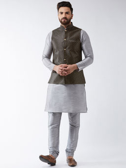 SOJANYA - Silk Blend Grey Kurta And Pyjama & Black Nehru Jacket (Set of 3)