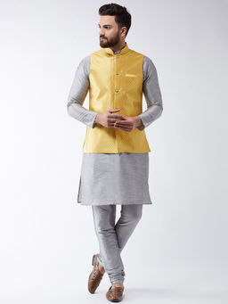 SOJANYA - Silk Blend Grey Kurta And Pyjama & Yellow Nehru Jacket (Set of 3)