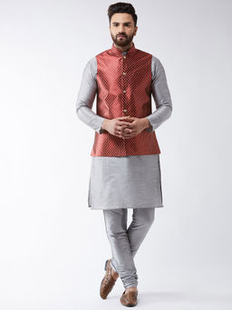 SOJANYA - Silk Blend Grey Kurta And Pyjama & Maroon Nehru Jacket (Set of 3)