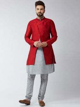 SOJANYA - Silk Blend Grey Kurta And Churidar Pyjama & Maroon Sherwani Jacket (Set of 3)