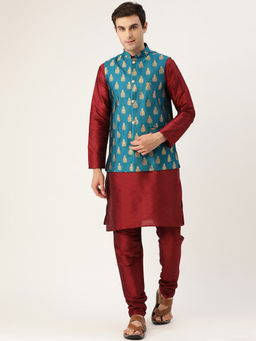 SOJANYA - Silk Blend Maroon Kurta Pyjama & Teal Blue Nehru Jacket (Set of 3)