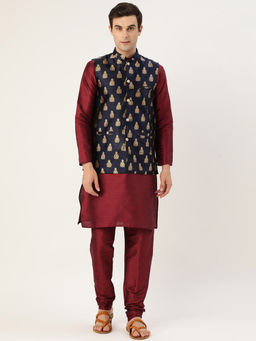 SOJANYA - Silk Blend Maroon Kurta Pyjama & Navy Blue Nehru Jacket (Set of 3)