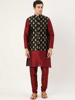 SOJANYA - Silk Blend Maroon Kurta Pyjama & Black Nehru Jacket (Set of 3)