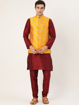 SOJANYA - Silk Blend Maroon Kurta Pyjama & Mustard Nehru Jacket (Set of 3)