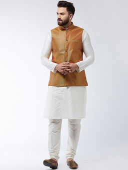 SOJANYA - Men Silk Blend Off White Kurta Pyjama & Mustard Nehru Jacket (Set of 3)
