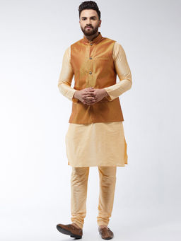 SOJANYA - Men Silk Blend Gold Kurta Pyjama & Mustard Nehru Jacket (Set of 3)