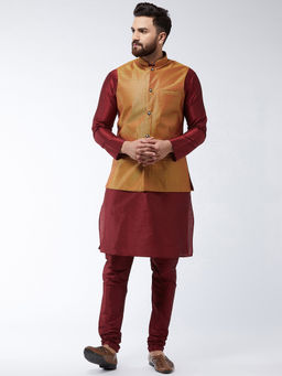 SOJANYA - Silk Blend Maroon Kurta Pyjama & Mustard Nehru Jacket (Set of 3)