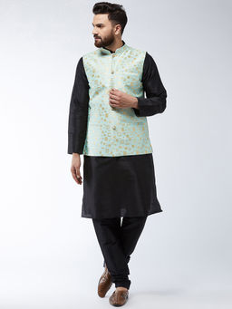 SOJANYA - Silk Blend Black Kurta And Pyjama & Sea Green Nehru Jacket (Set of 3)
