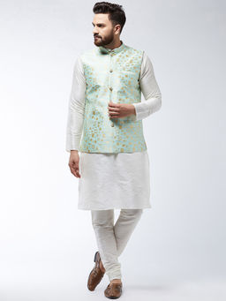 SOJANYA - Men Silk Blend Off White Kurta Pyjama & Seagreen Nehru Jacket (Set of 3)