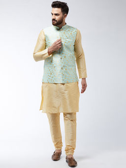 SOJANYA - Men Silk Blend Gold Kurta Pyjama & Seagreen Nehru Jacket (Set of 3)