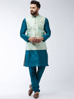 SOJANYA - Men Silk Blend Tealgreen Kurta Pyjama & Seagreen Nehru Jacket (Set of 3)