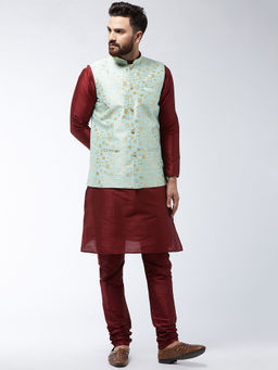SOJANYA - Silk Blend Maroon Kurta Pyjama & Sea Green Nehru Jacket (Set of 3)