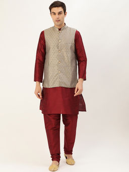SOJANYA - Silk Blend Maroon Kurta Pyjama & Grey Nehru Jacket (Set of 3)