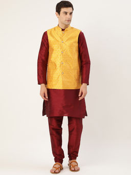 SOJANYA - Silk Blend Maroon Kurta Pyjama & Mustard Nehru Jacket (Set of 3)