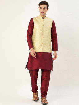 SOJANYA - Silk Blend Maroon Kurta Pyjama & Lime Green Nehru Jacket (Set of 3)