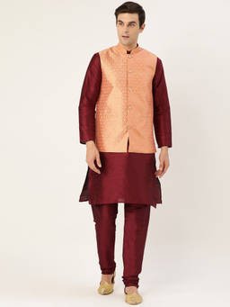 SOJANYA - Silk Blend Maroon Kurta Pyjama & Peach Nehru Jacket (Set of 3)