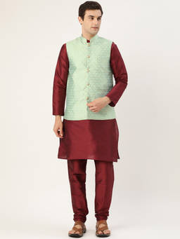 SOJANYA - Silk Blend Maroon Kurta Pyjama & Sea Green Nehru Jacket (Set of 3)