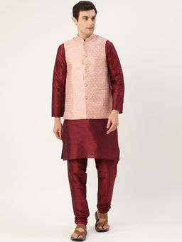 SOJANYA - Silk Blend Maroon Kurta Pyjama & Light Pink Nehru Jacket (Set of 3)