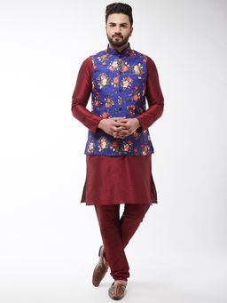 SOJANYA - Silk Blend Maroon Kurta With Pyjama & Royal Blue Printed Nehru Jacket (Set of 3)