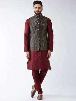 SOJANYA - Silk Blend Maroon Kurta Pyjama & Black Nehru Jacket (Set of 3)